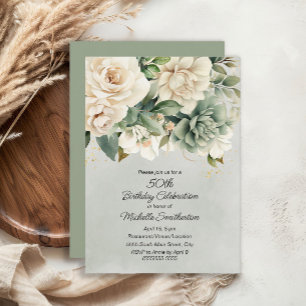 Invitation Sage Blanc Floral Vert Or 50e Anniversaire