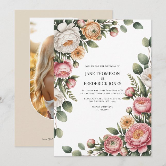 Invitation Sage, Blush and Light Tan Floral Wedding QR Code (Devant / Derrière)