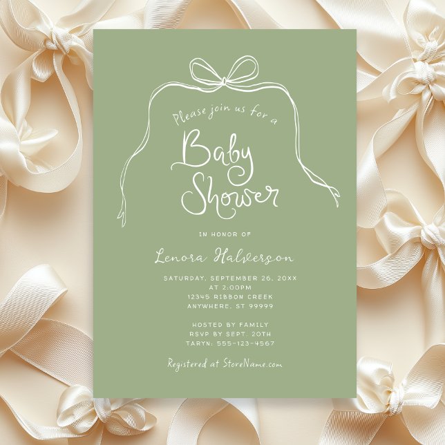 Invitation Sage Bold Simple Bow Baby shower (Shown on a 5" x 7" card)