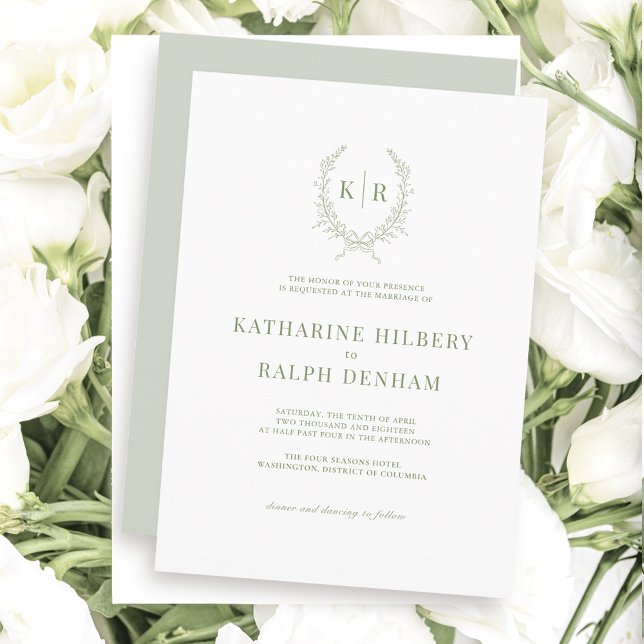 Invitation Sage Botaniacal & Ribbon Crest Monogram Mariage (Créateur téléchargé)