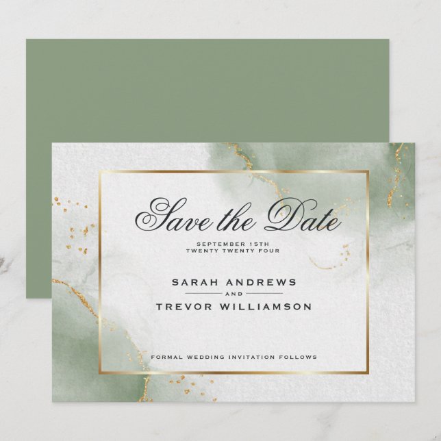 Invitation Sage bouché Marbre Abstrait Enregistrer la date (Devant / Derrière)