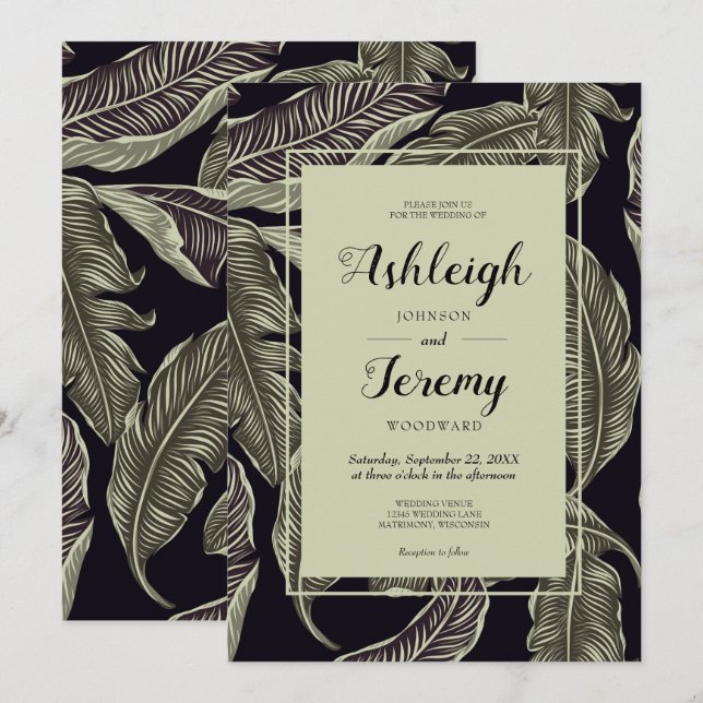 Invitation Sage de feuillage Tropical Vert Mariage de script  (Devant / Derrière)