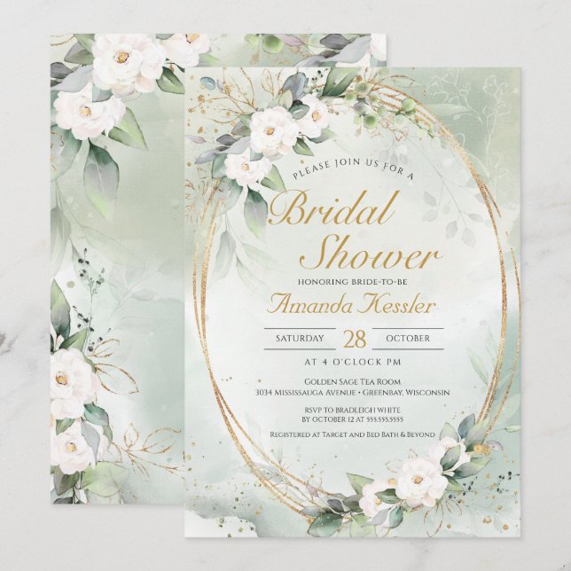 Invitation Sage d'or Blanc Floral Elégante Fête des mariées (Devant / Derrière)
