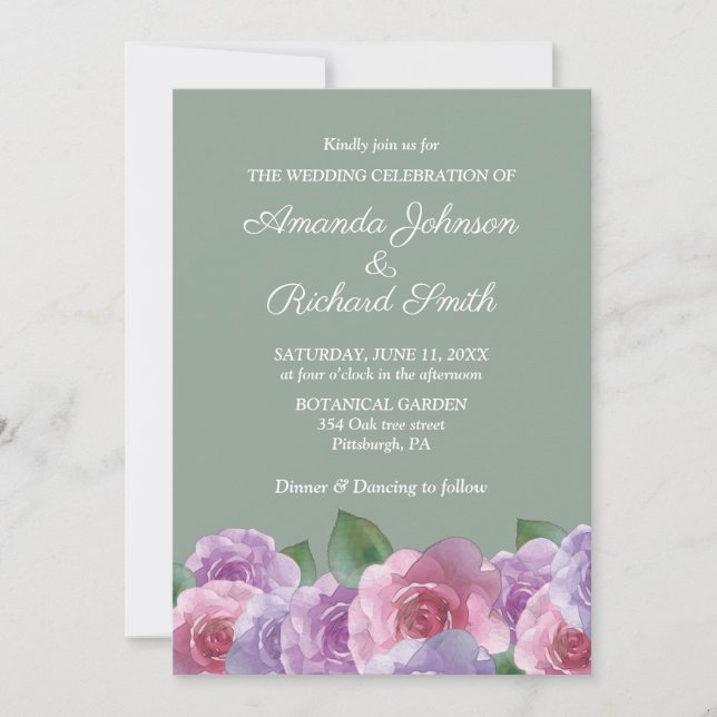Invitation Sage Dusty rose violet Mariage Floral (Devant)