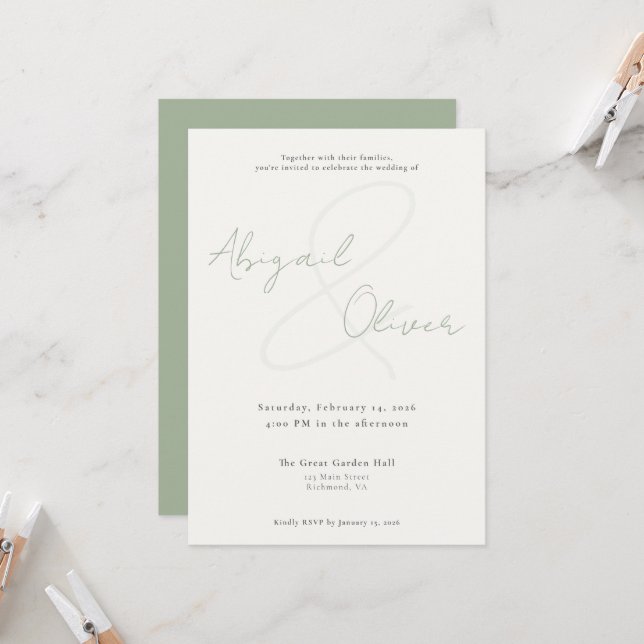 Invitation Sage Elegant & Minimal | Modern & Simple Wedding (Devant/Arrière en situation)