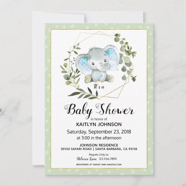Invitation Sage Elephant Baby shower moderne (Devant)