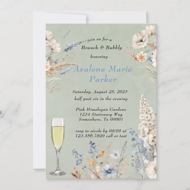 Invitation Sage Et Bleu Duché Brunch Floral & Bubbly (Devant)
