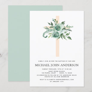 Invitation Sage Eucalyptus Baptême Croix de verdure