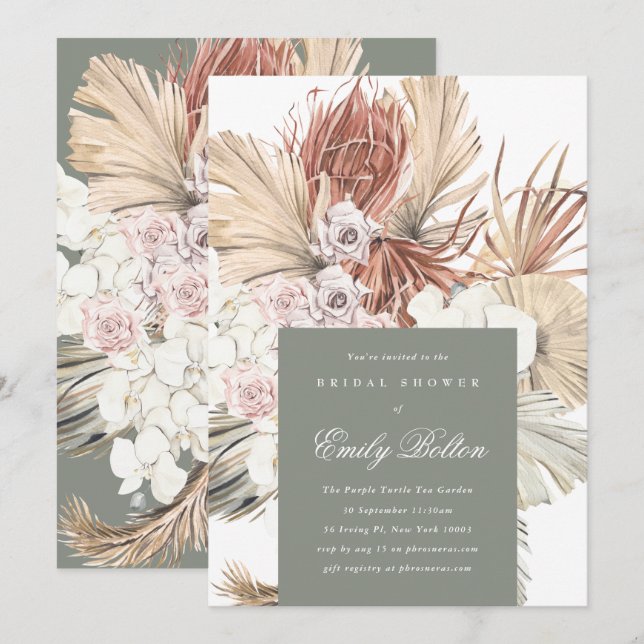 Invitation Sage Floral Moss Green Pampas Boho Fête des mariée (Devant / Derrière)