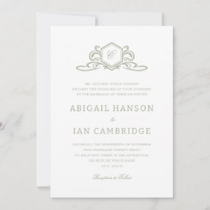 Invitation Sage Formal Crest Monogramme Mariage Élégant