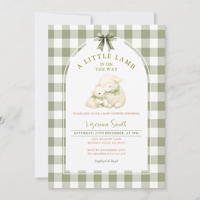 Invitation Sage Gingham Bow Little Lamb Baby Shower  (Devant)