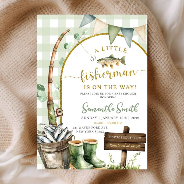 Invitation Sage Gingham Fisherman baby shower (Créateur téléchargé)