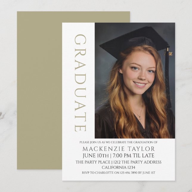 Invitation Sage Graduation Modern Photo Template Personalized (Devant / Derrière)
