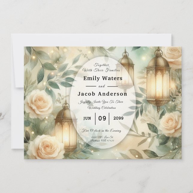 Invitation Sage Green and Ivory Rose Lantern Wedding (Devant)