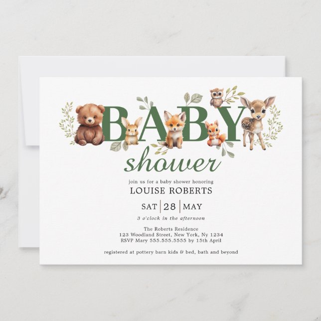 Invitation Sage Green Animaux de bois Baby shower neutre (Devant)