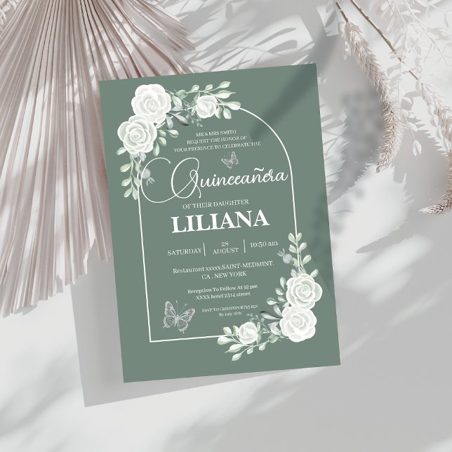 Invitation Sage Green Arc Floral et Papillons Quinceañera (Créateur téléchargé)