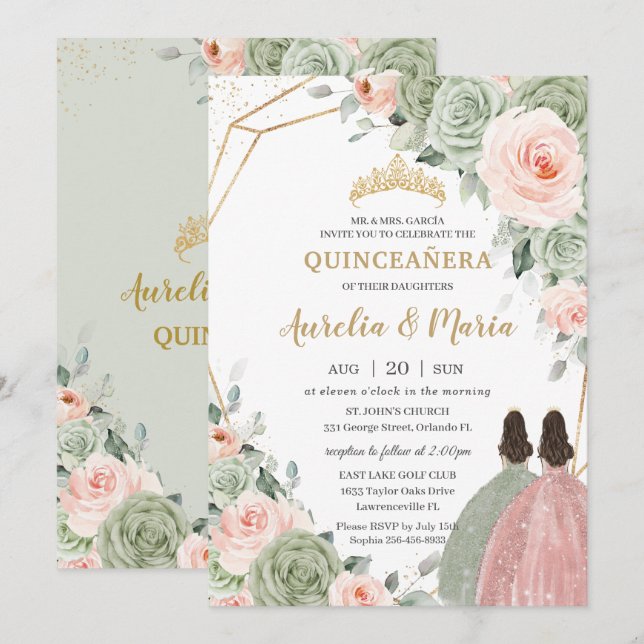 Invitation Sage Green Blush Floral Or Quinceañera Twins (Devant / Derrière)