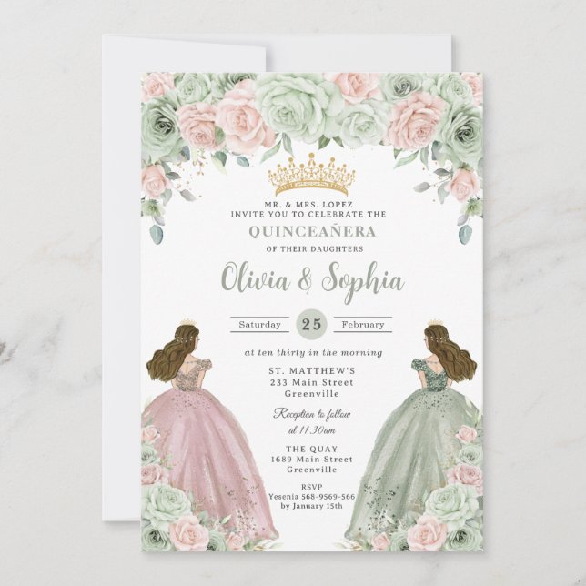 Invitation Sage Green Blush Floral Twin Girls Quinceañera (Devant)