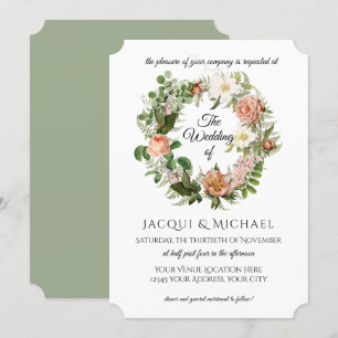 Invitation Sage Green Blush Ivory Roses w Fern Wreath Mariage
