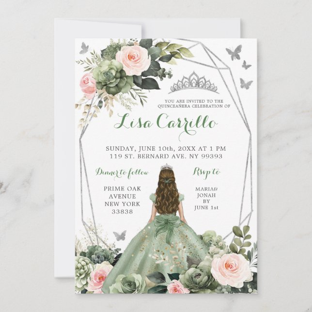 Invitation Sage Green Blush Rose Princesse Quinceañera (Devant)
