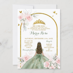Invitation Sage Green Blush rose Princesse Quinceañera Floral