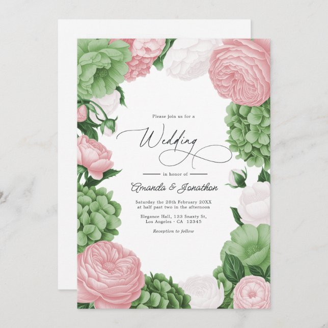 Invitation Sage Green, Blush & White Floral Wedding (Devant / Derrière)