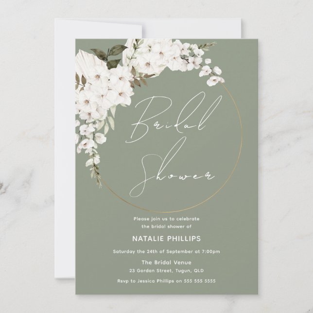 Invitation Sage Green Boho Blanc Floral Fête des mariées de c (Devant)