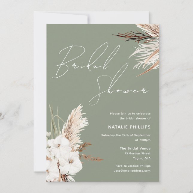 Invitation Sage Green Boho Blanc Floral Moderne Baby Shower d (Devant)