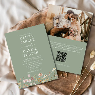 Invitation Sage Green Boho Fleur sauvage QR Code Mariage phot