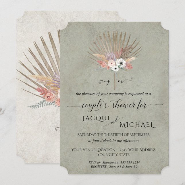 Invitation Sage Green BOHO Floral Pampas Couples Douche (Devant / Derrière)