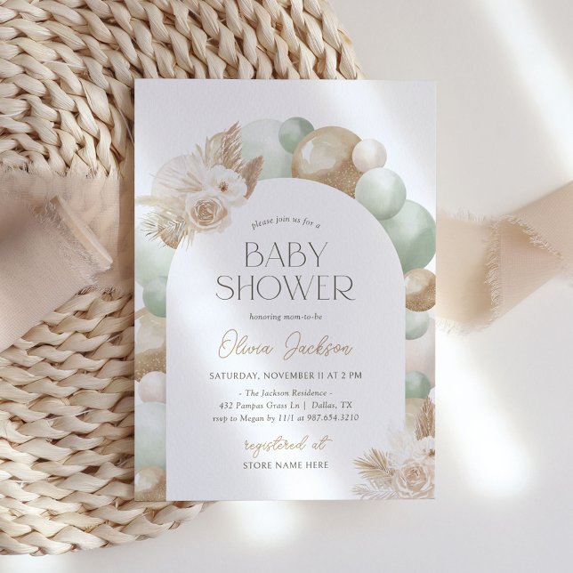 Invitation Sage Green Boho Pampas Grass Arche Baby shower (Créateur téléchargé)
