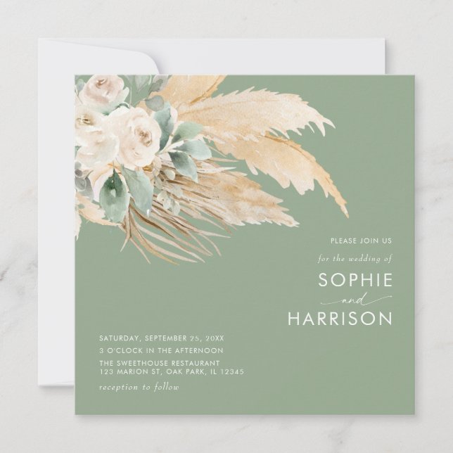 Invitation Sage Green Boho Pampas Grass Carré Mariage (Devant)