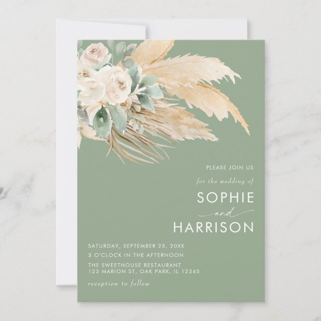 Invitation Sage Green Boho Pampas Grass Mariage (Devant)
