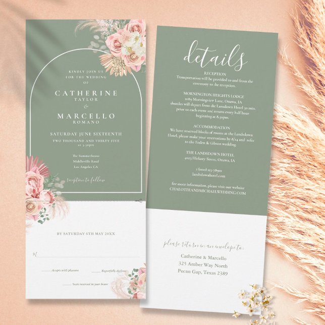 Invitation Sage Green Boho Pampas Grass Tout en un Mariage (Créateur téléchargé)