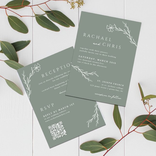 Invitation Sage Green Boho Simple Floral Botanal Code QR (Créateur téléchargé)