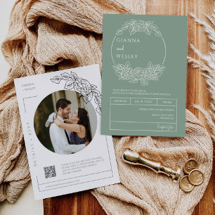 Invitation Sage Green Botanical Line Art Boho QR Code Photo