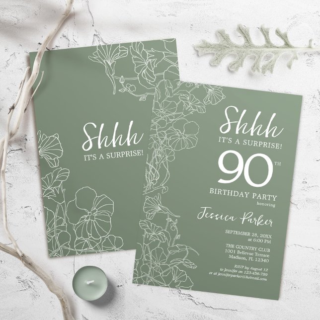 Invitation Sage Green Botanical Surprise 90e anniversaire (Créateur téléchargé)