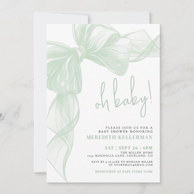 Invitation Sage Green Bow Baby Shower (Devant)