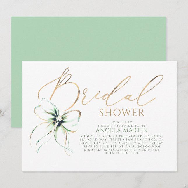 Invitation Sage Green Bow Elegant Romantic Bridal Shower (Devant / Derrière)