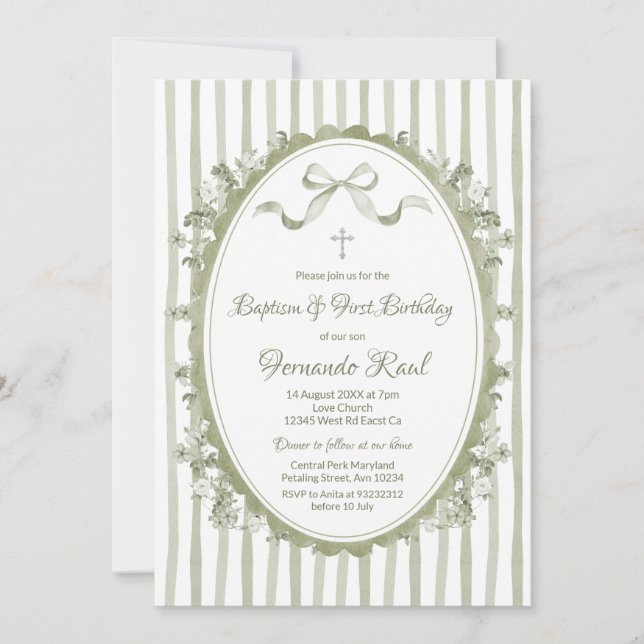 Invitation Sage Green Bow Ribbon Oval Frame Baptême Neutre (Devant)
