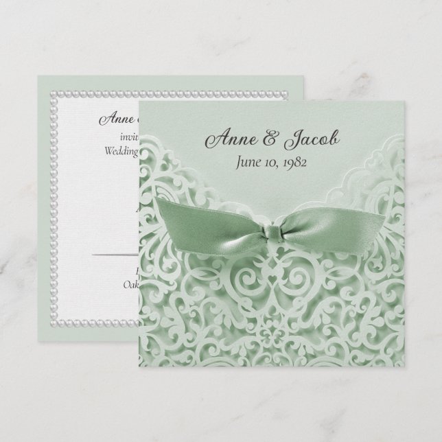 Invitation Sage Green Bow sur dentelle Mariage Vow renouveau (Devant / Derrière)