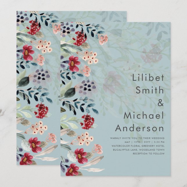 Invitation Sage Green Burgundy Blue Floral Mariage (Devant / Derrière)
