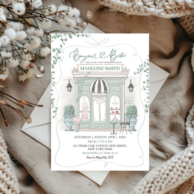 Invitation Sage Green Café Parisien Bounjour Bebe Baby shower (Créateur téléchargé)