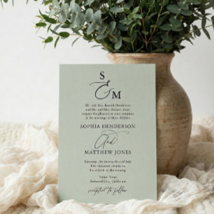 Invitation Sage Green Calligraphie Monogramme Mariage officie
