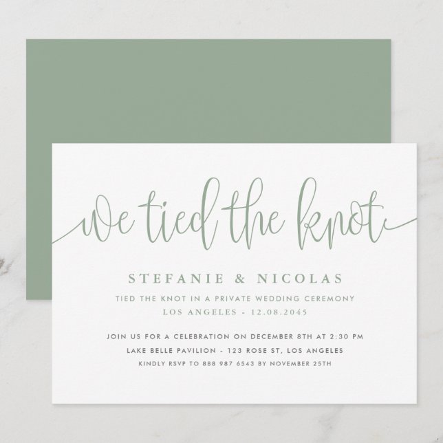 Invitation Sage Green Calligraphie Nous Avons Lié Le Mariage  (Devant / Derrière)