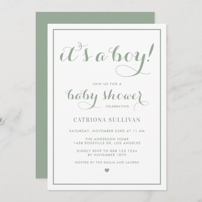 Invitation Sage Green C'est un Baby shower de calligraphie po (Devant / Derrière)