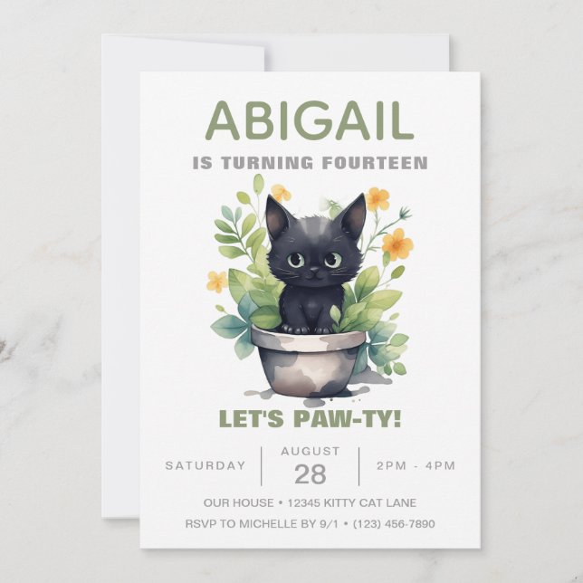 Invitation Sage Green Chat Ménage Tendance Kitten Anniversair (Devant)