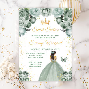 Invitation Sage Green Cheveux Bruns Princesse Sweet Seize