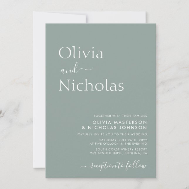 Invitation Sage Green Chic Script QR Code Mariage photo (Devant)