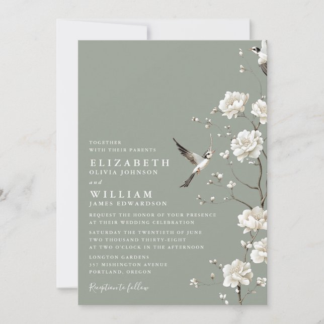 Invitation Sage Green Chinoiserie Floral QR Code Mariage (Devant)